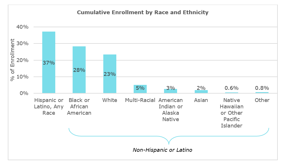Cummulative Enrollment by Race and Ethnicity. Hispanic 37%; Black 28%; White 23%; Multi-racial 5%; AIAN 3%; Asian 2%; Pacific Islander 0.6%; Other 0.8%.