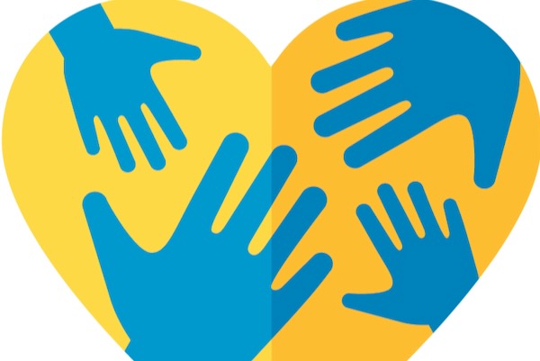 A yellow heart with four blue hands.